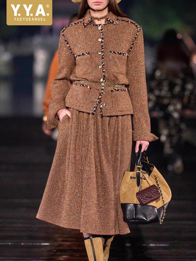Wool Suit Jacket - Female Elegant Turndown Collar Sequin Tweed