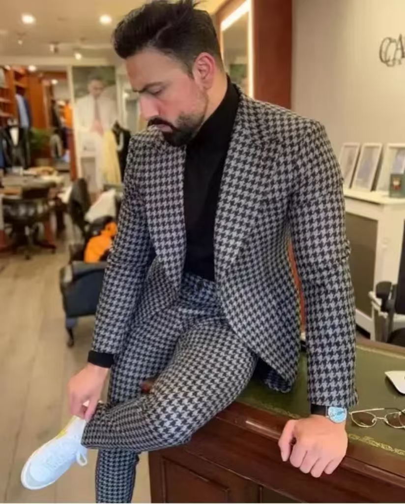Houndstooth Vintage Men's Suit - Men Formal Wear For Wedding 评论和价格