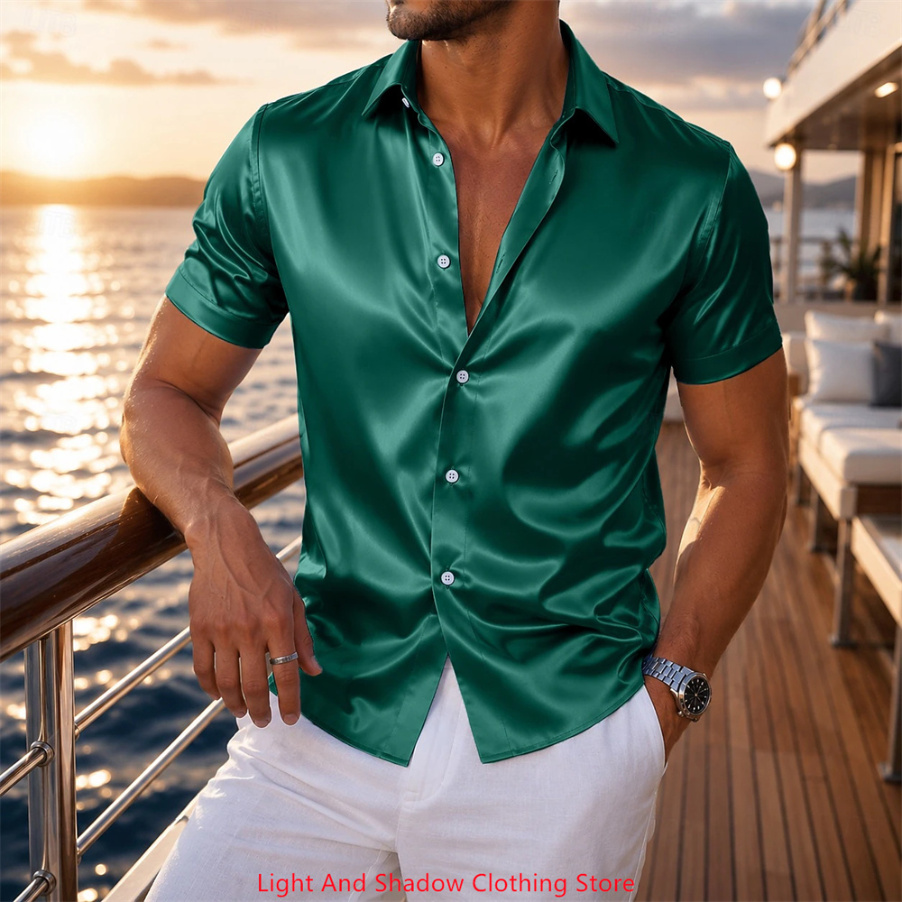 Men's Satin Short Sleeved Shir - Men Formal Wear Summer 评论和价格